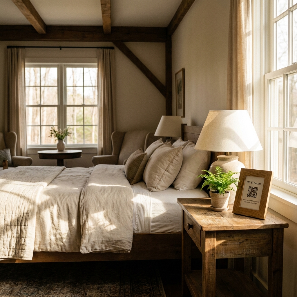 Cozy BnB Bedroom with Wi-Fi QR Code Frame
